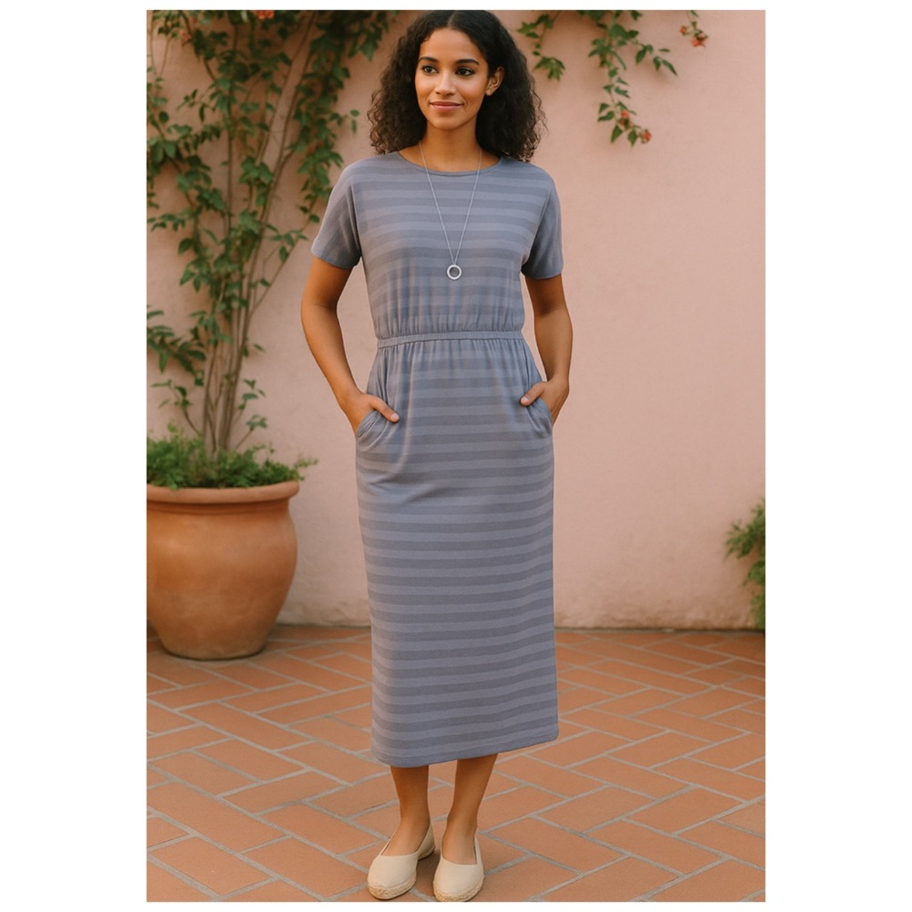 Garnet Hill Gray Striped Midi Dress with pockets
